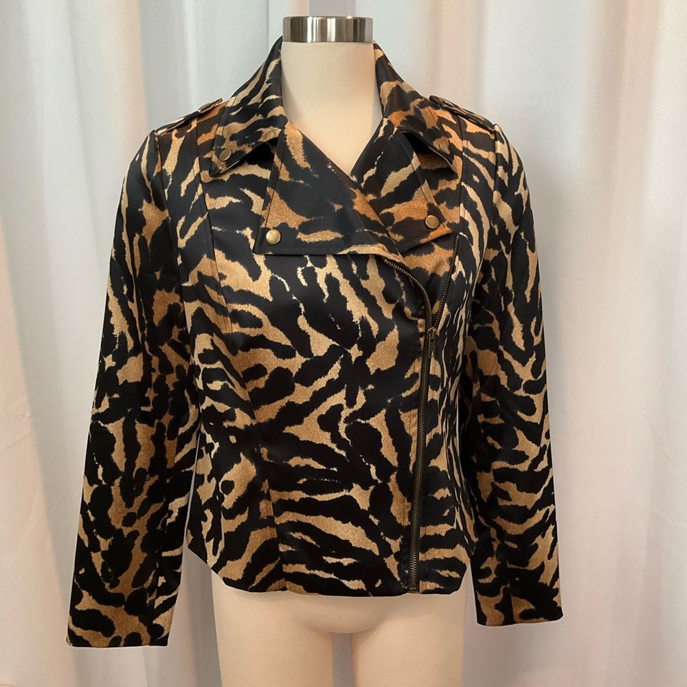 Muse Boston Proper Black Tan Animal Tiger Print Moto Jacket Women Size 12